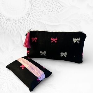 Elegant Black and Pink Bow Accessory Set Zipper Pouch and matching Pocket Tissue